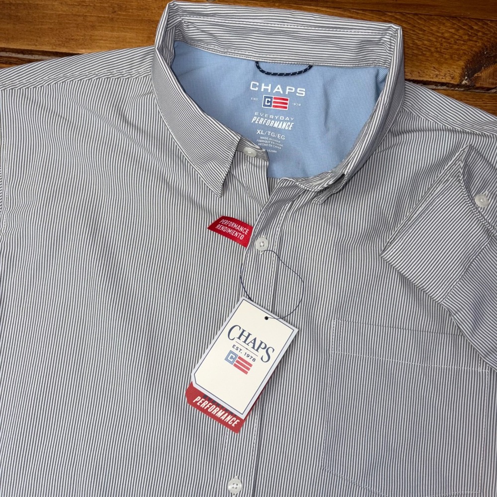 Chaps Button Down Shirt Men XL Steel Gray Striped Performance Woven Commuter NEW